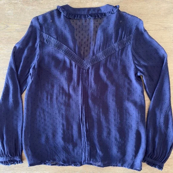 Sundance Silk Chiffon‎ Swiss Dot Pintuck Lace Top-Long Sleeve-Navy-Size Small - Picture 12 of 12